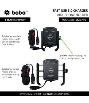 BOBO BM1 Pro Motorcycle Phone Holder (with fast USB 3.0 charger) - Motodrift