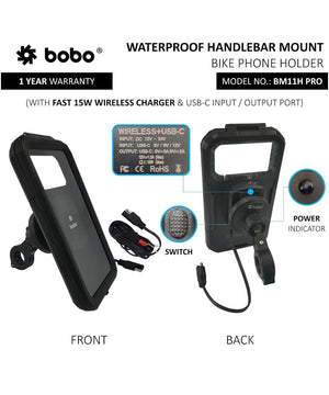BOBO BM11H PRO Fully Waterproof Bike Phone Holder with Vibration Controller (with Fast 15W Wireless Charger & USB-C Input/Output Port) Motorcycle Mobile Mount - Motodrift