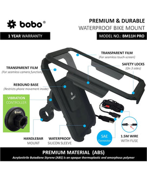 BOBO BM11H PRO Fully Waterproof Bike Phone Holder with Vibration Controller (with Fast 15W Wireless Charger & USB-C Input/Output Port) Motorcycle Mobile Mount - Motodrift