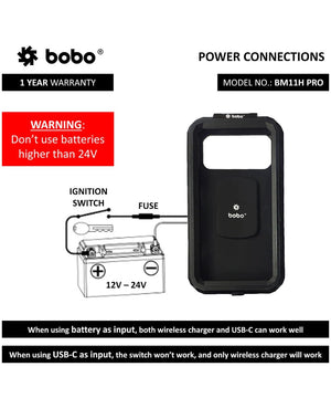 BOBO BM11H PRO Fully Waterproof Bike Phone Holder with Vibration Controller (with Fast 15W Wireless Charger & USB-C Input/Output Port) Motorcycle Mobile Mount - Motodrift
