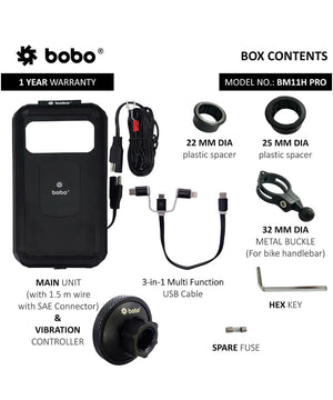 BOBO BM11H PRO Fully Waterproof Bike Phone Holder with Vibration Controller (with Fast 15W Wireless Charger & USB-C Input/Output Port) Motorcycle Mobile Mount - Motodrift
