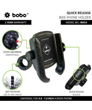 BOBO BM14 Quick Release Enhanced BM4 Bike / Cycle Phone Holder Motorcycle Mobile Mount - Motodrift