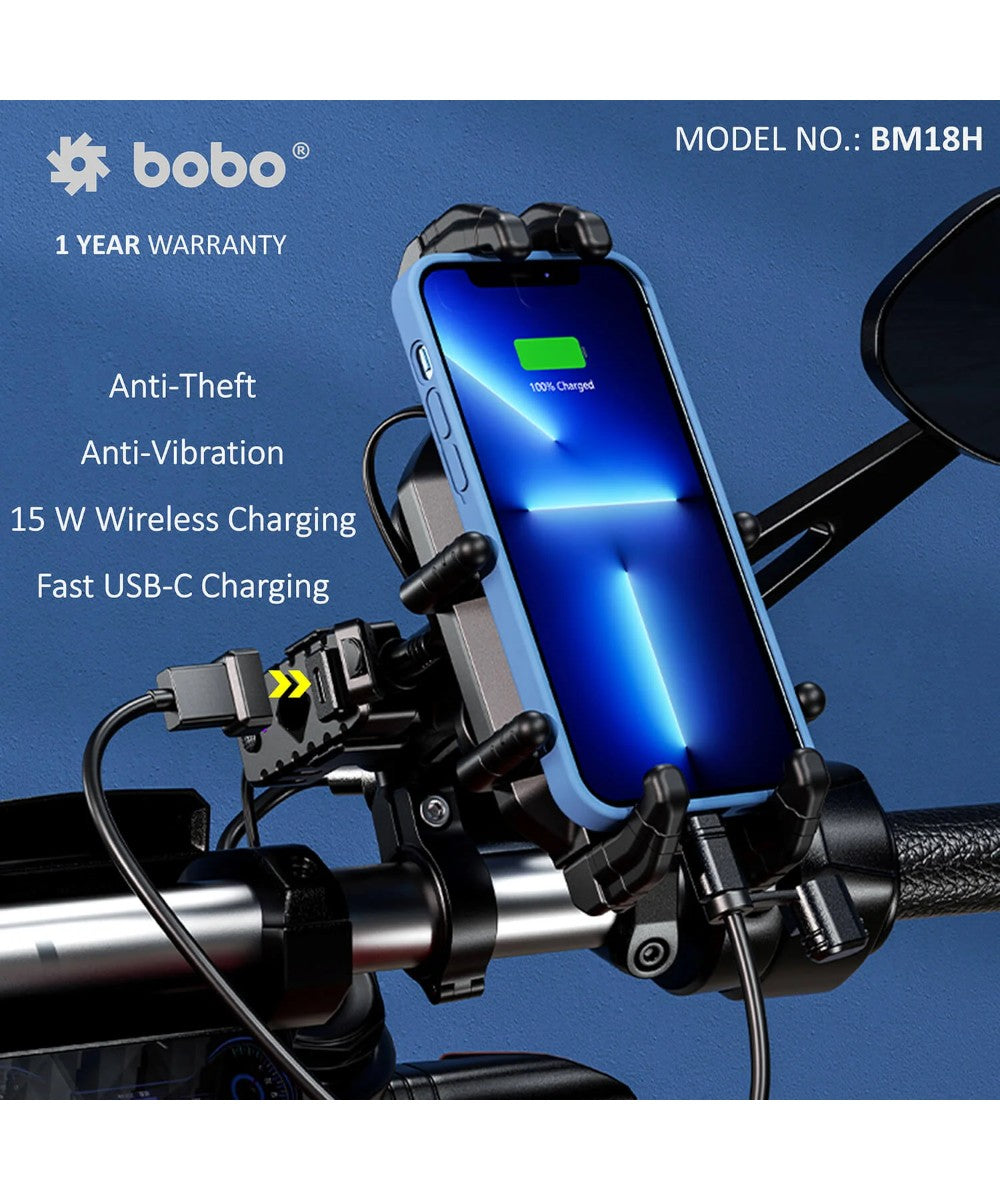BOBO BM18 Anti-Vibration Bike Phone Holder (with Fast 15W Wireless Charger & USB-C Charging Module) Motorcycle Mobile Mount - Motodrift
