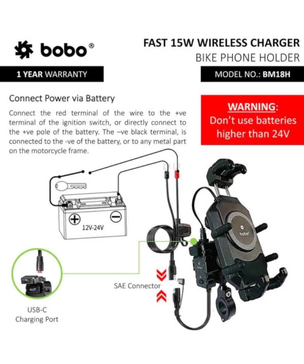 BOBO BM18 Anti-Vibration Bike Phone Holder (with Fast 15W Wireless Charger & USB-C Charging Module) Motorcycle Mobile Mount - Motodrift