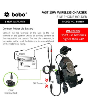 BOBO BM18 Anti-Vibration Bike Phone Holder (with Fast 15W Wireless Charger & USB-C Charging Module) Motorcycle Mobile Mount - Motodrift