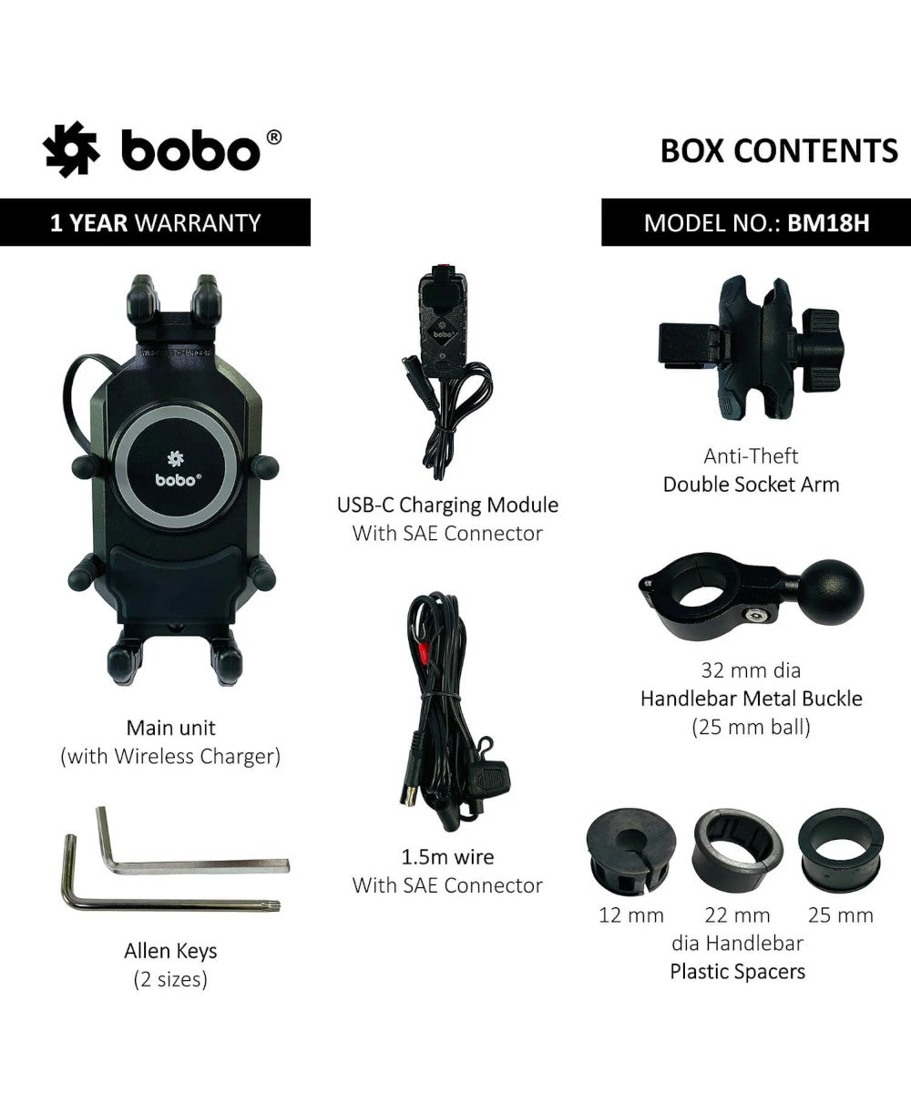 BOBO BM18 Anti-Vibration Bike Phone Holder (with Fast 15W Wireless Charger & USB-C Charging Module) Motorcycle Mobile Mount - Motodrift