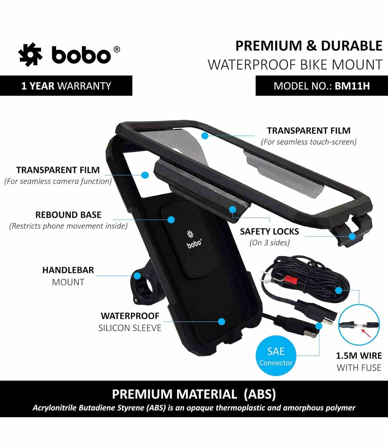 BOBO BM11H Motorcycle Phone Holder With Charger - Motodrift