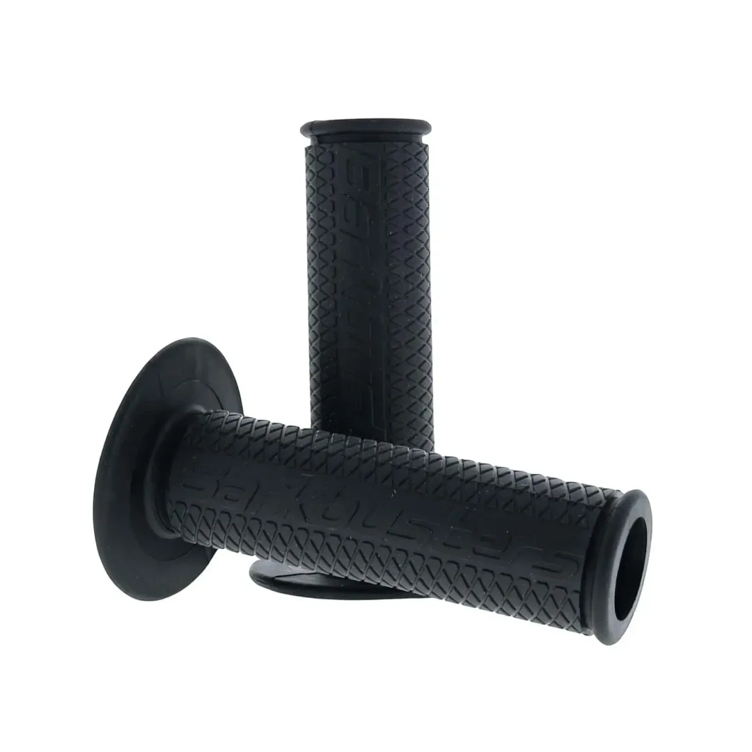 Pair of black Barkbusters motorcycle handlebar grips with a diamond pattern for improved control