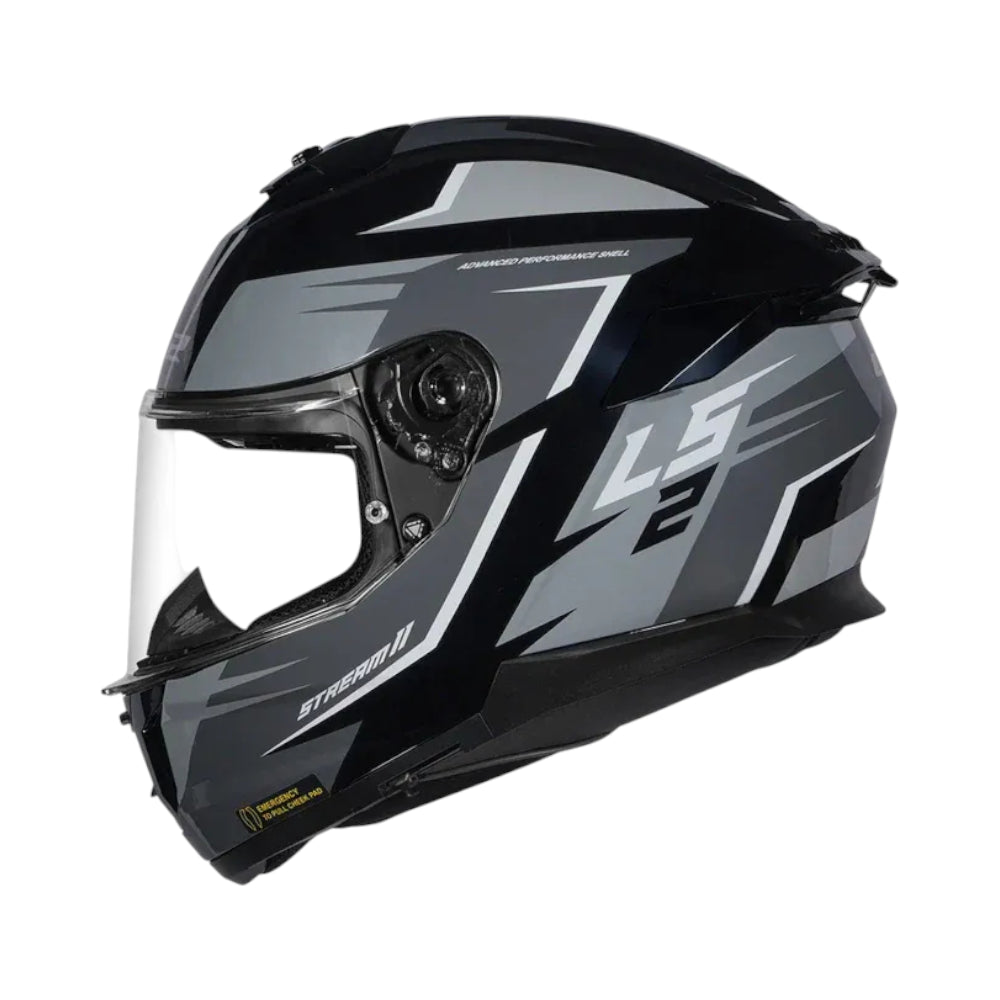 Black and gray motorcycle helmet with 'LS2' branding on a white background