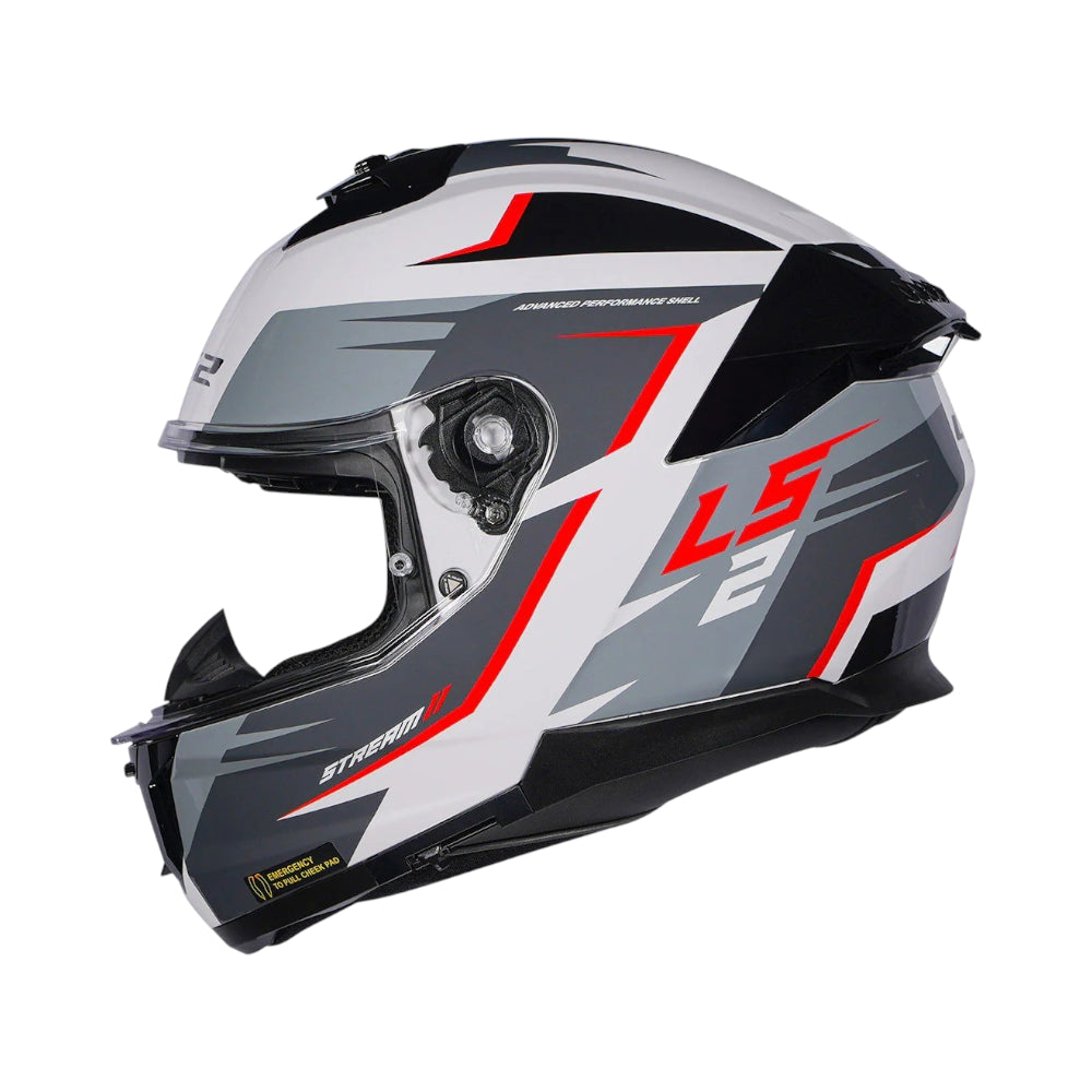 Motorcycle helmet with black, gray, and red design on a white background