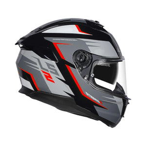 Motorcycle helmet with black, gray, and red design on a white background