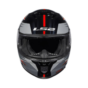 Black motorcycle helmet with red accents and 'LS2' branding on a white background