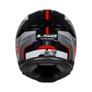Black, gray, and red motorcycle helmet with 'LS2' branding on a white background