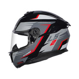 Motorcycle helmet with black, gray, and red design on a white background