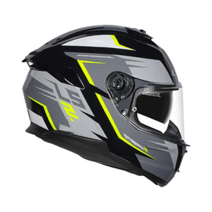 Motorcycle helmet with black, gray, and yellow design on a white background