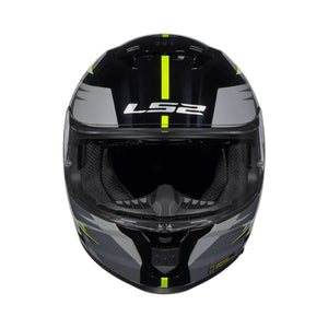 Black motorcycle helmet with yellow accents and LS2 branding on a white background