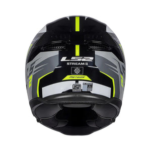 Black and gray motorcycle helmet with yellow accents on a white background