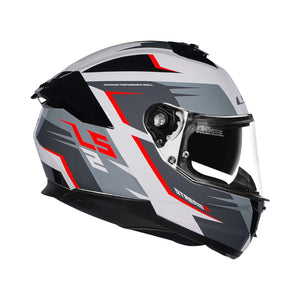 Motorcycle helmet with black, gray, and red design on a white background
