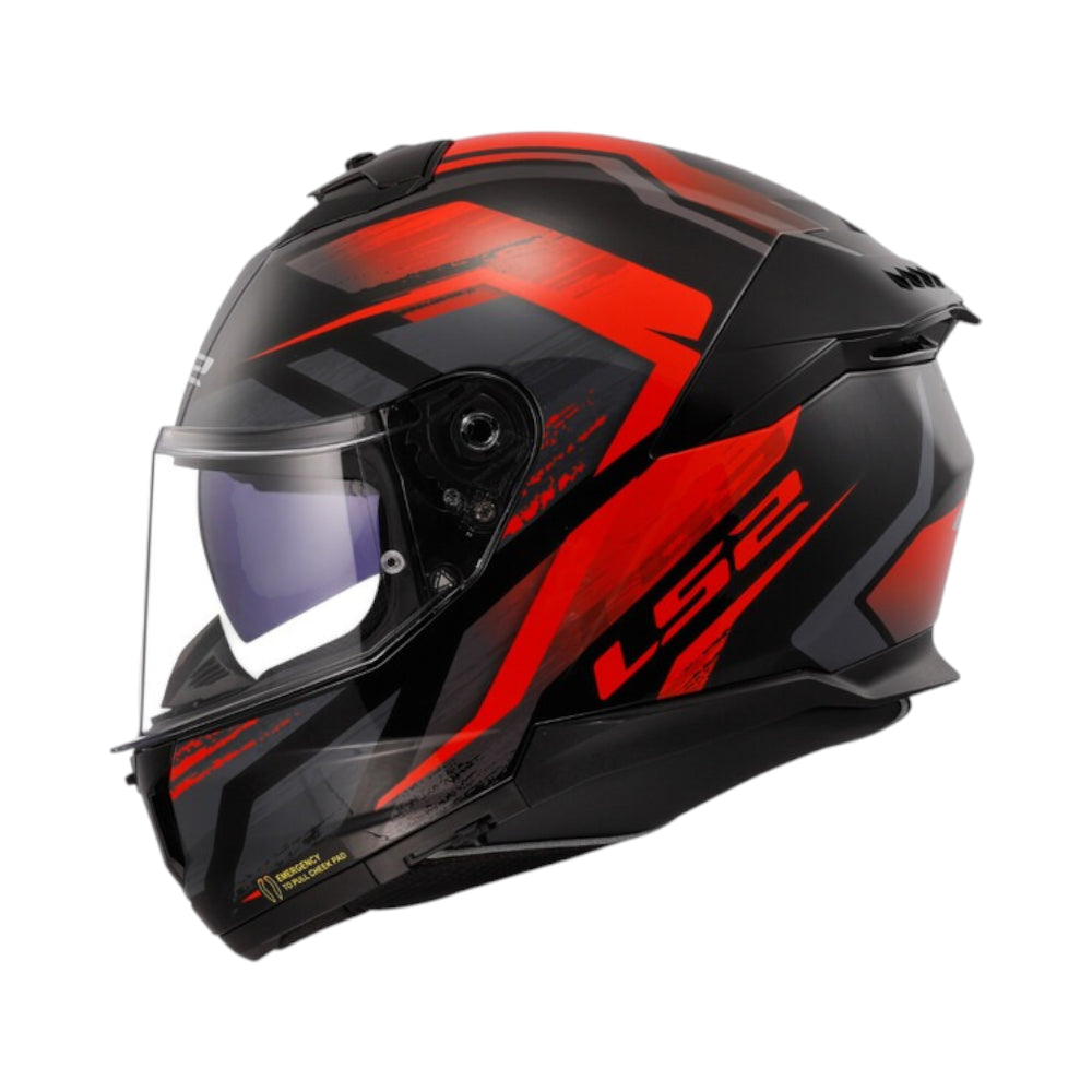 Black and red motorcycle helmet with clear visor on a white background with Ls2 Branding.