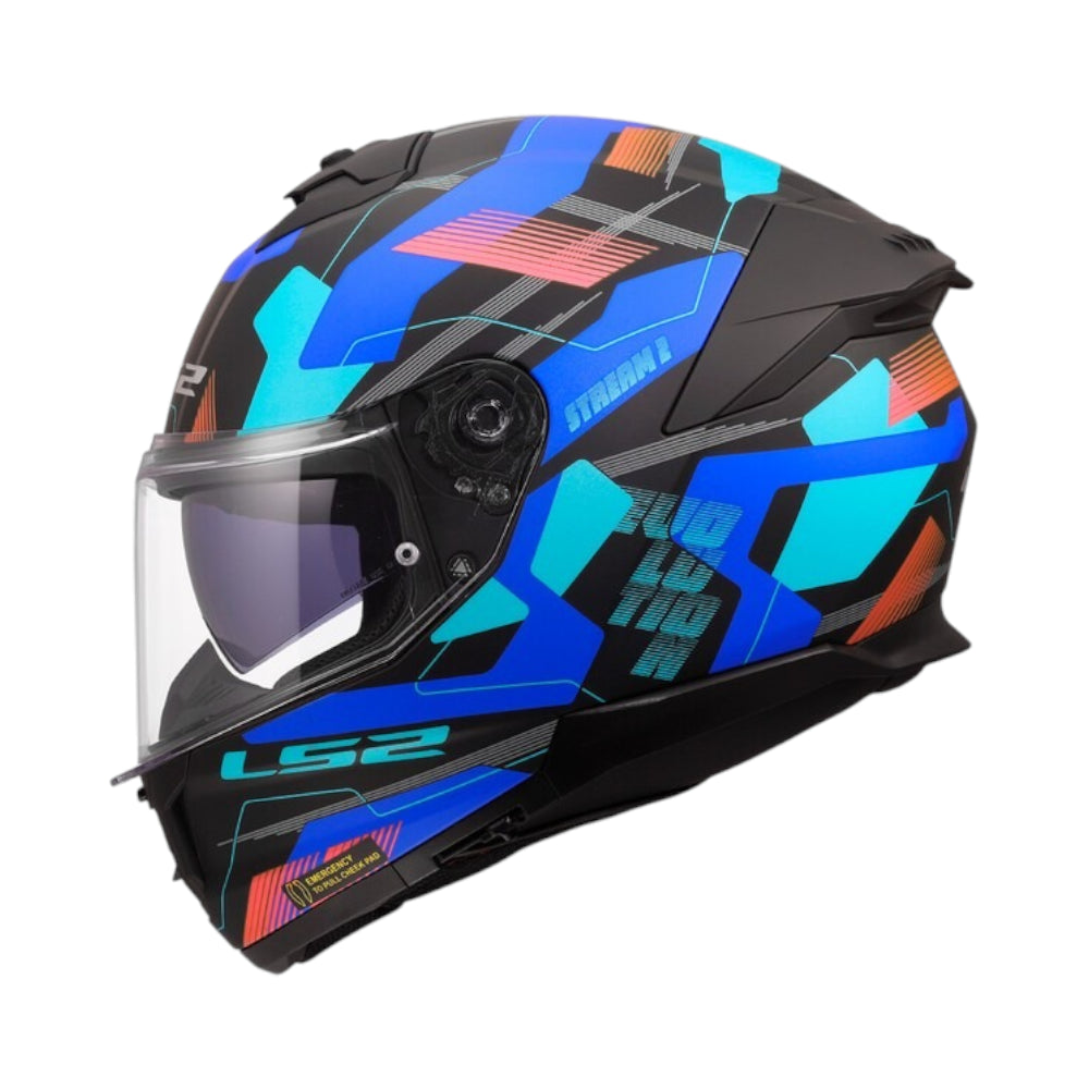 Colorful motorcycle helmet with geometric pattern on a white background with Ls2 branding.