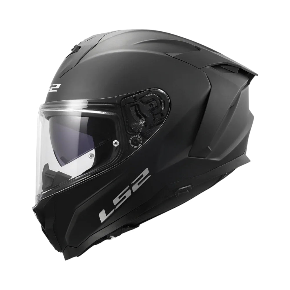 Black motorcycle helmet with clear visor on a white background, Ls2 branding.