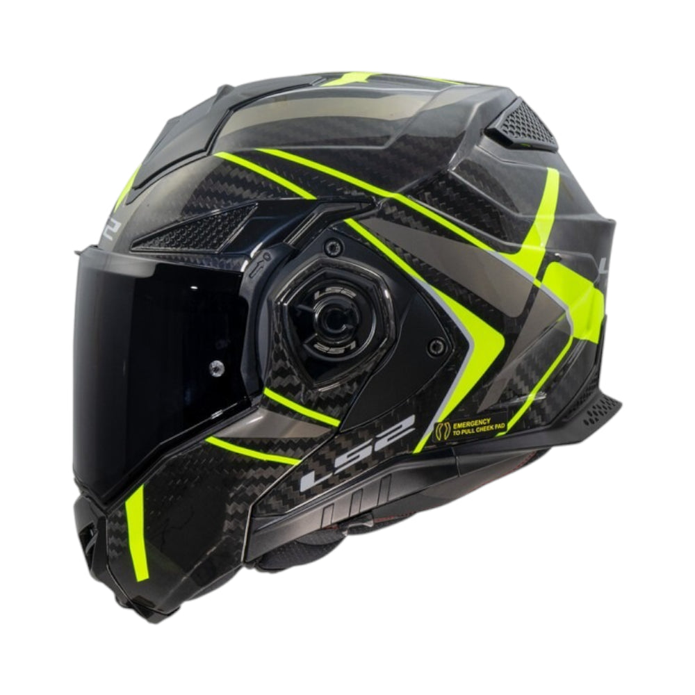 Black and yellow motorcycle helmet on a white background, , Ls2 Branding.