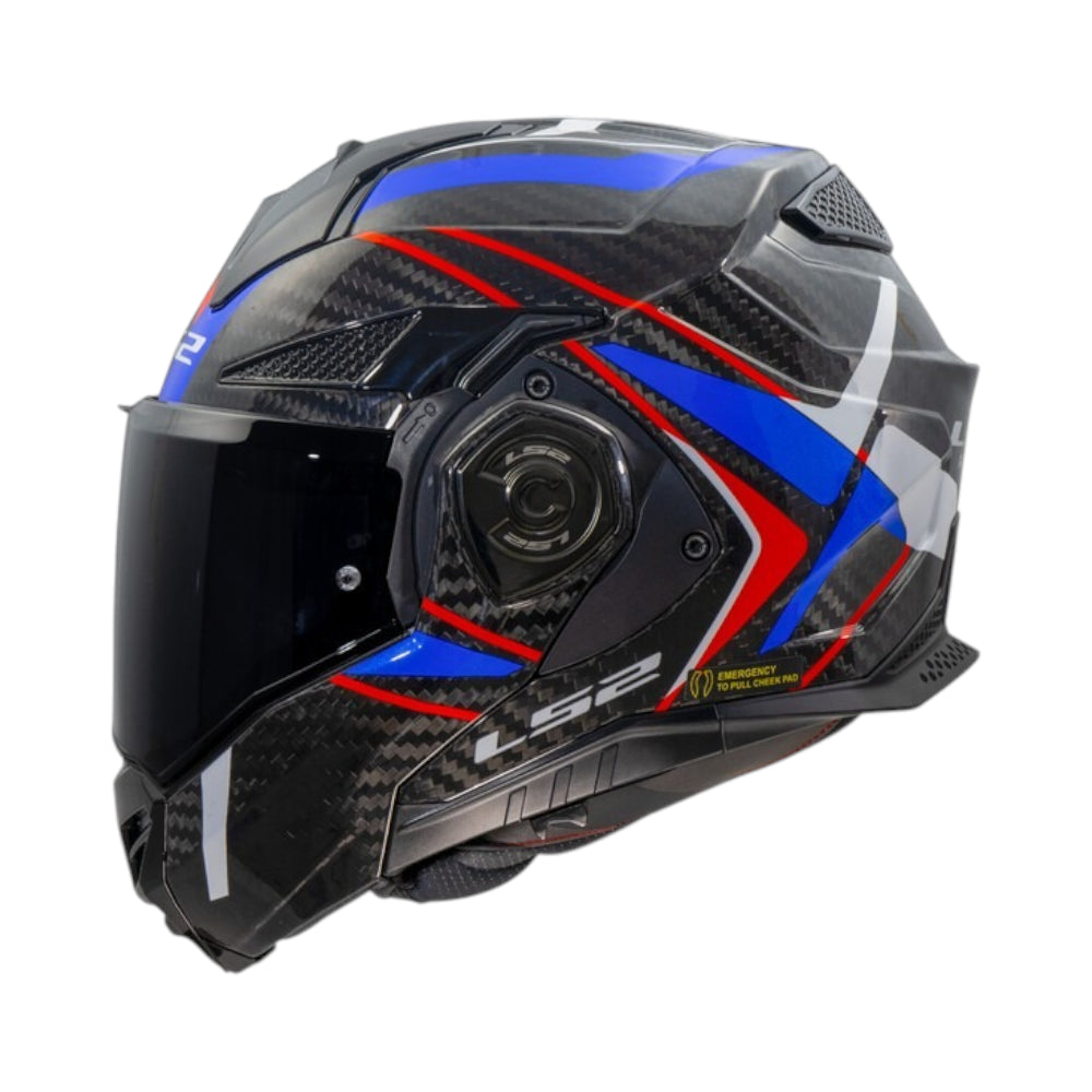 Black motorcycle helmet with blue and red accents on a white background, Ls2 Branding.