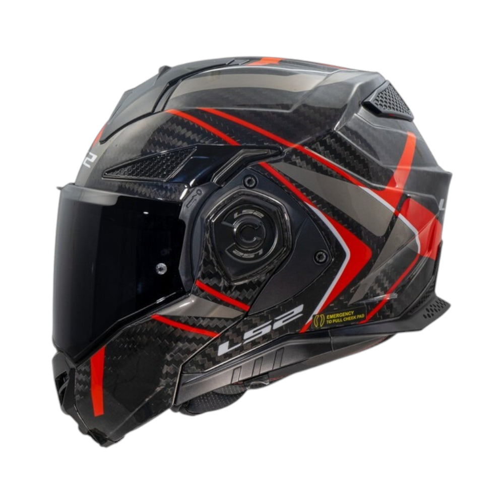 Black and red motorcycle helmet with visible branding on a white background, Ls2 Branding.
