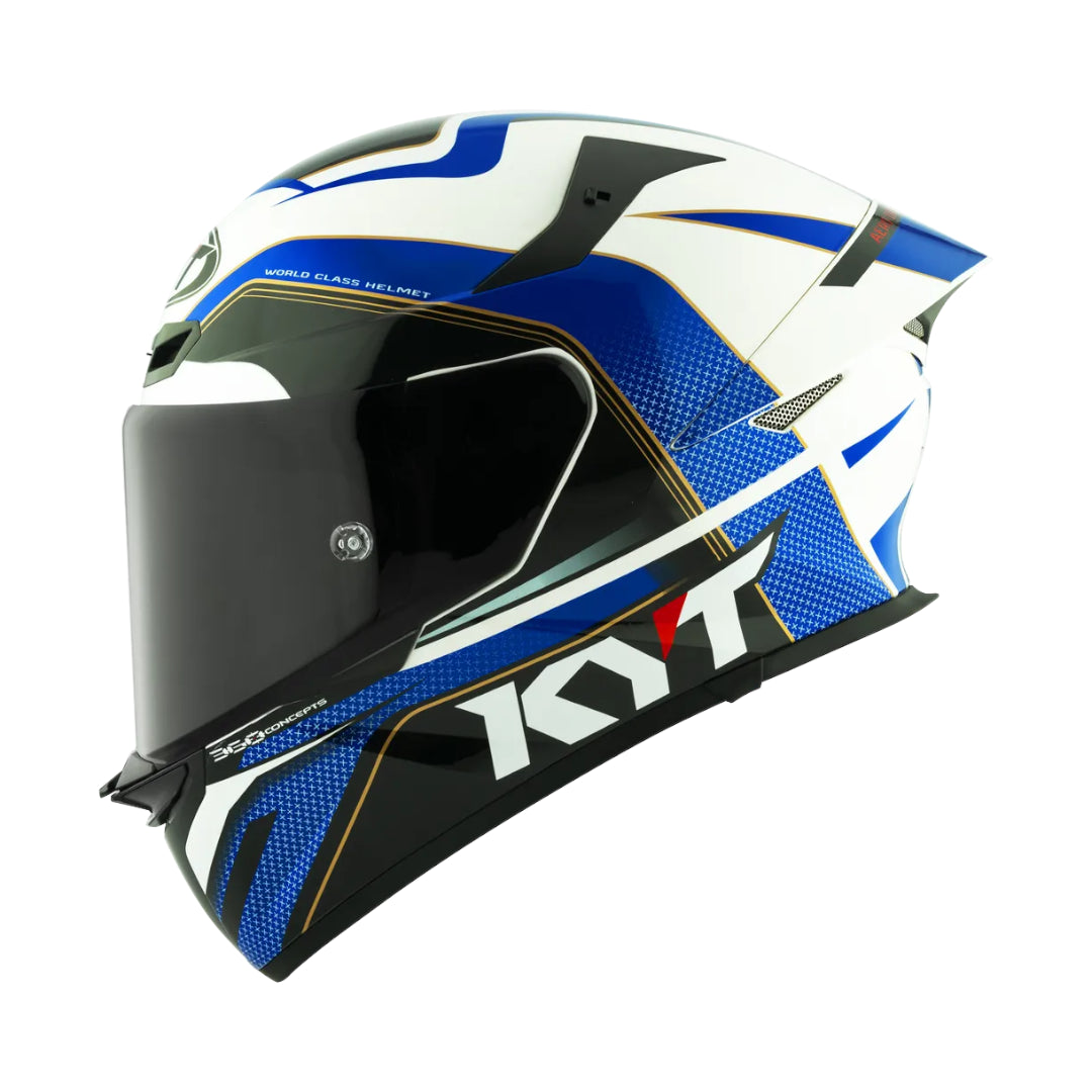 Blue and white motorcycle helmet with KYT branding on a white background