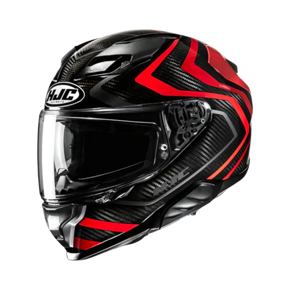 Black and red motorcycle helmet with HJC logo on a white background
