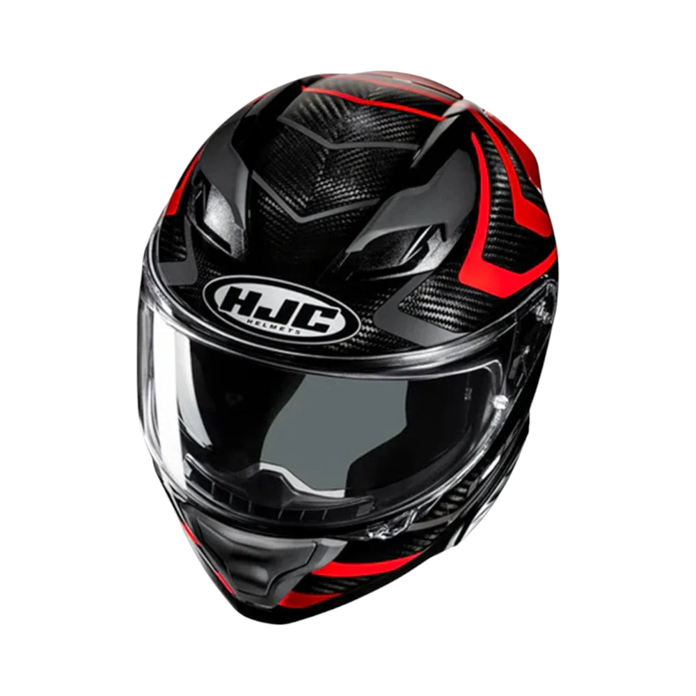 Black and red motorcycle helmet with HJC logo on a white background