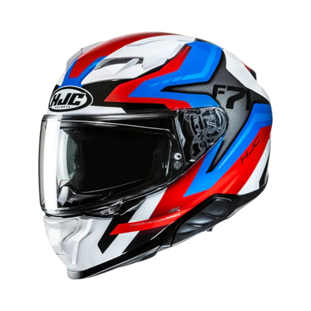 Colorful motorcycle helmet with HJC branding on a white background