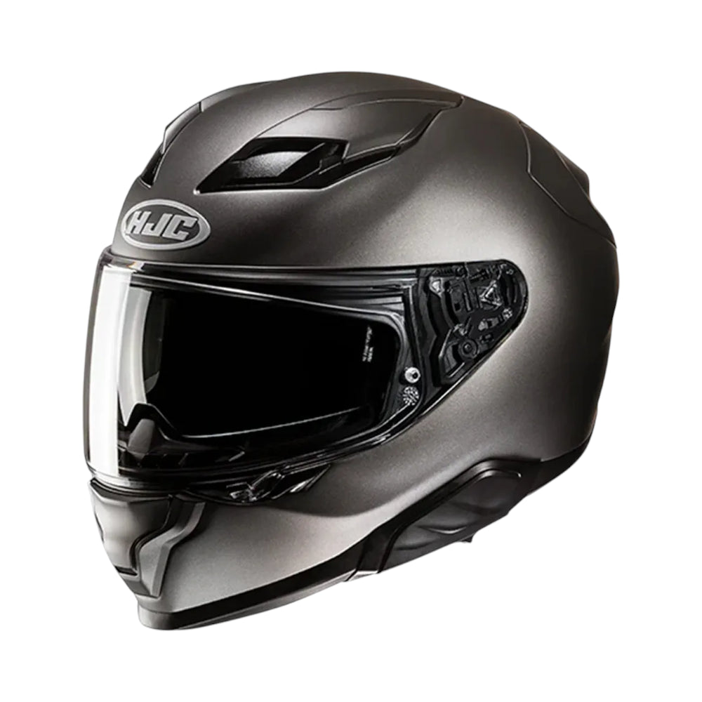 Gray motorcycle helmet with HJC logo on a white background