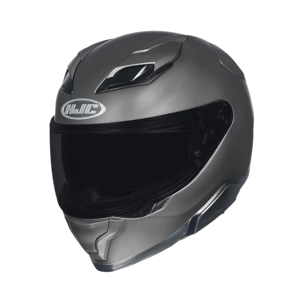 Gray motorcycle helmet with HJC logo on a white background