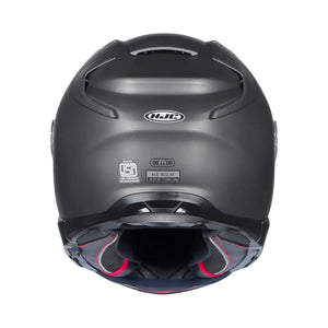Black motorcycle helmet with visible branding on a white background