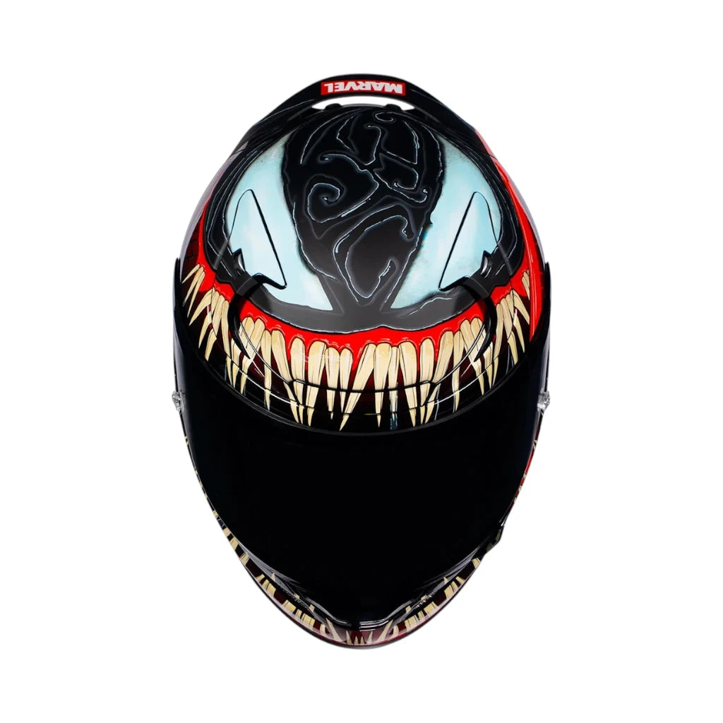 HJC RPHA 12 Venom 3 motorcycle helmet featuring iconic Marvel Venom graphics on a black composite shell