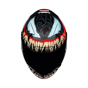 HJC RPHA 12 Venom 3 motorcycle helmet featuring iconic Marvel Venom graphics on a black composite shell