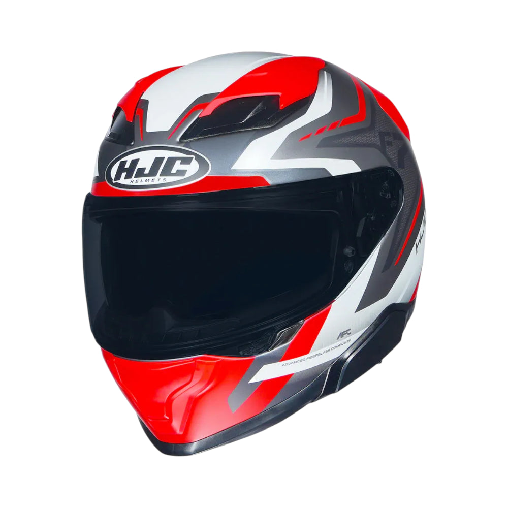Red, black, and white motorcycle helmet with HJC logo on a white background