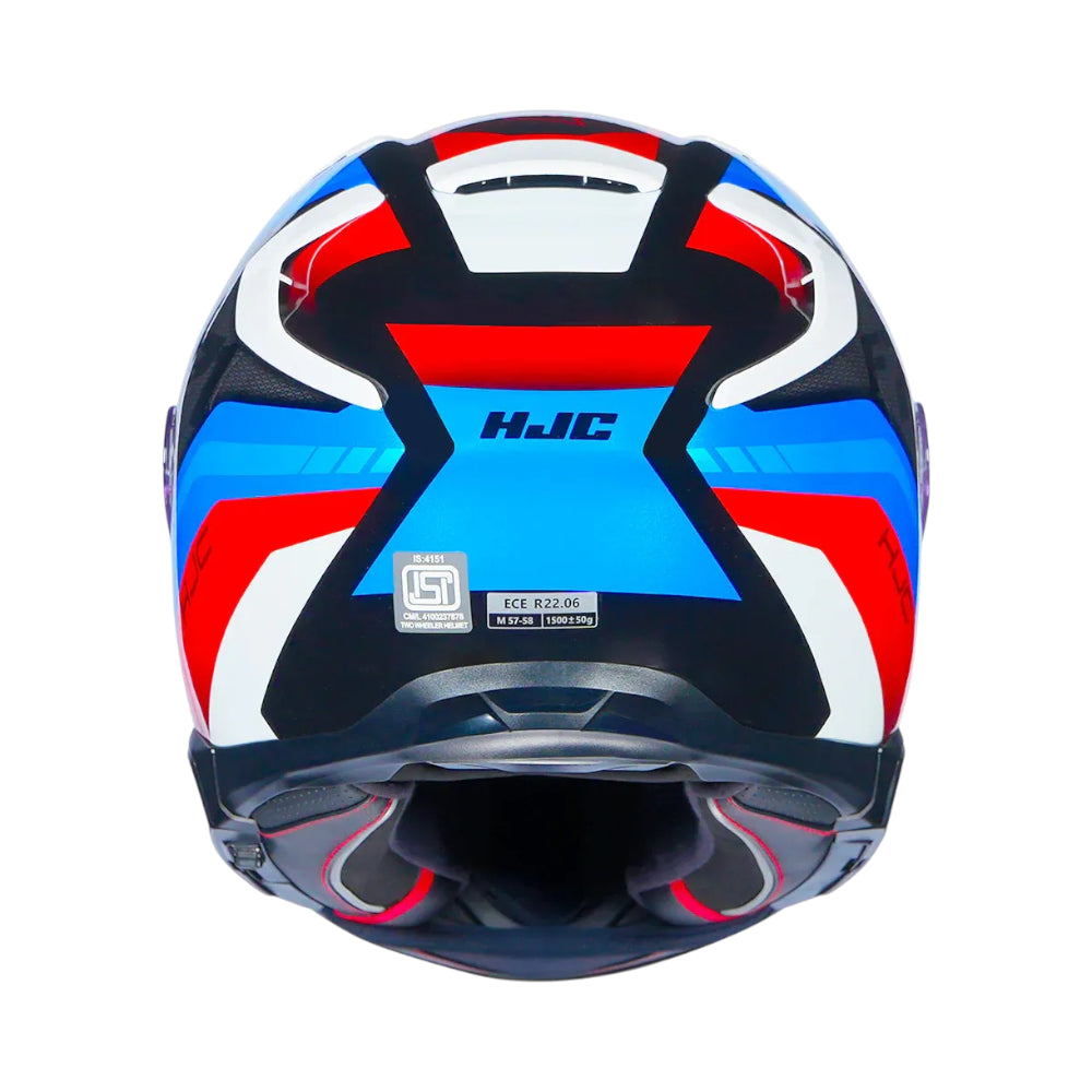 Colorful motorcycle helmet with HJC branding on a white background