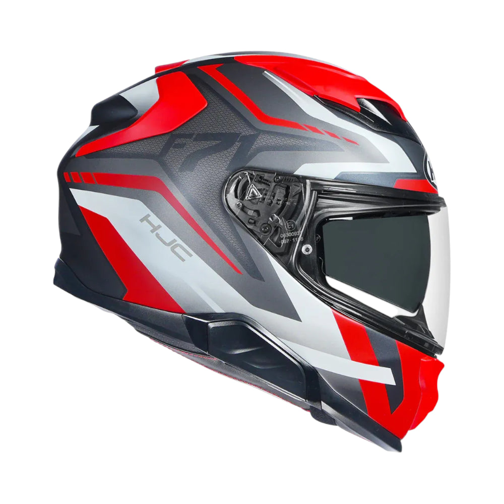 Red, black, and gray motorcycle helmet with HJC branding on a white background
