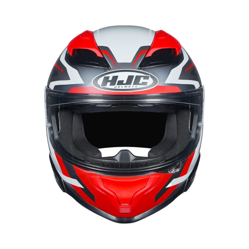 Red, black, and gray motorcycle helmet with HJC logo on a white background