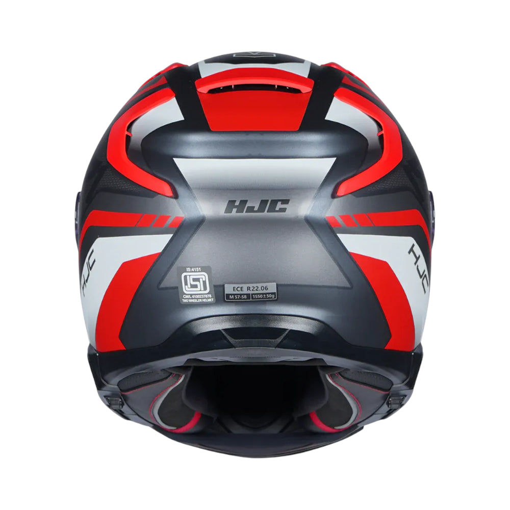 HJC motorcycle helmet with red and black design on a white background