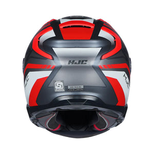 HJC motorcycle helmet with red and black design on a white background