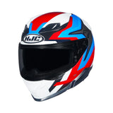 HJC motorcycle helmet with red, blue, and white design on a white background