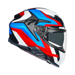 Colorful HJC motorcycle helmet with a white background