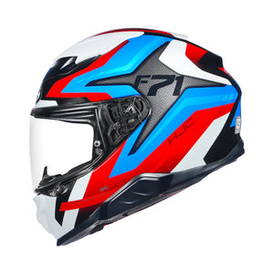 Motorcycle HJC F71 helmet with red, blue, and white design on a white background