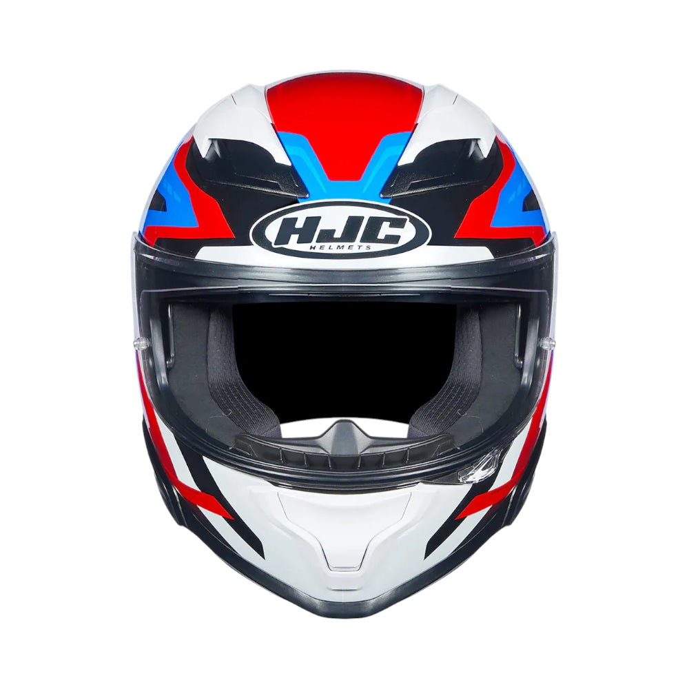 HJC F71 Motorcycle helmet with red, blue, and white design on a white background