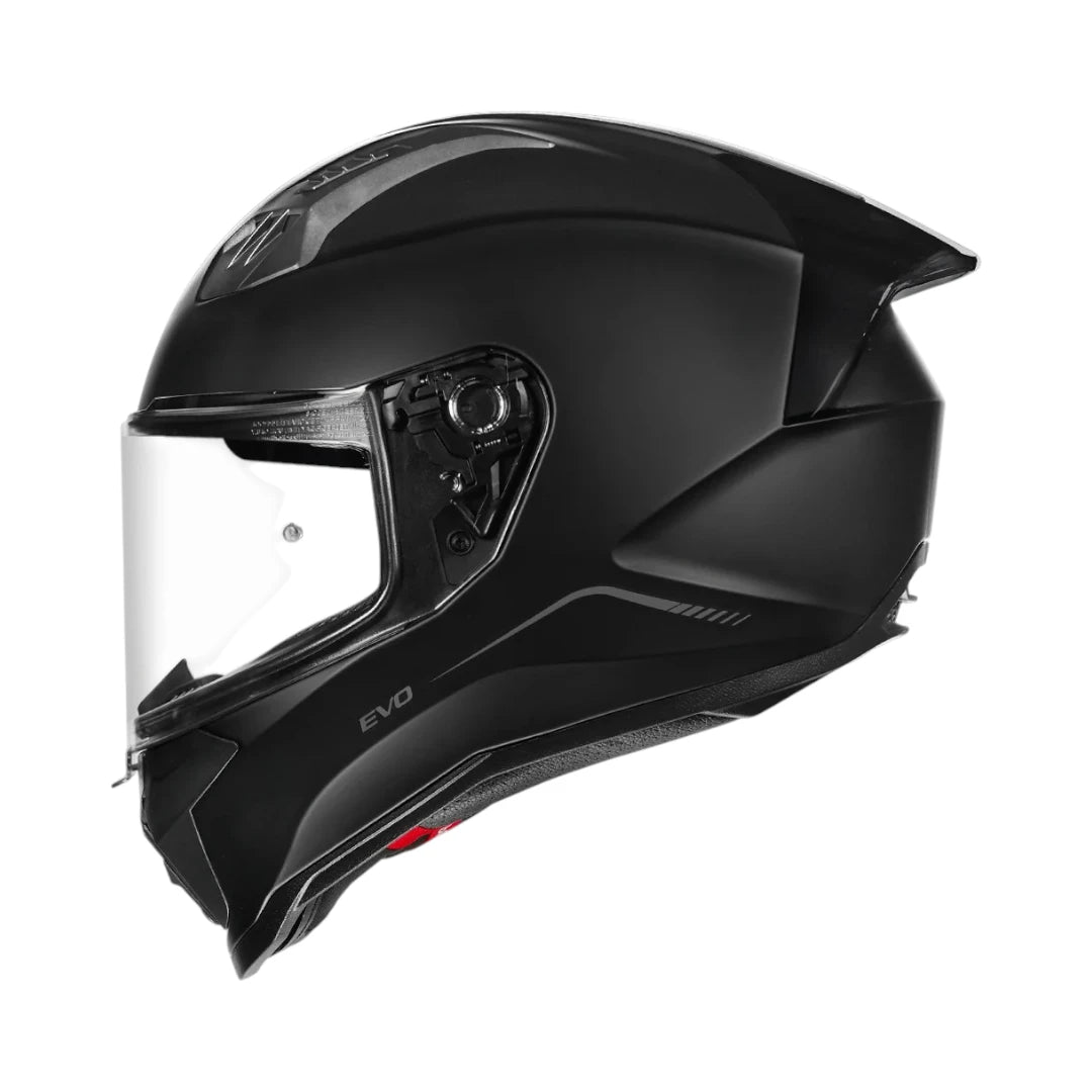 Motodrift Korda Evo Solid full face motorcycle helmet in matte black with a clear visor and aerodynamic profile