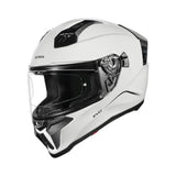 Motodrift Korda Evo Solid full face motorcycle helmet in gloss white with a clear visor and aerodynamic design
