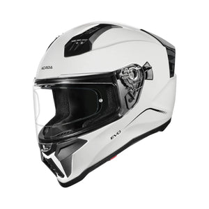 Motodrift Korda Evo Solid full face motorcycle helmet in gloss white with a clear visor and aerodynamic design
